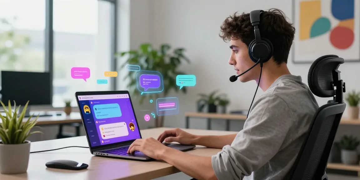 Engaging user chatting with Crushon AI, showcasing a vibrant tech workspace with holographic elements.