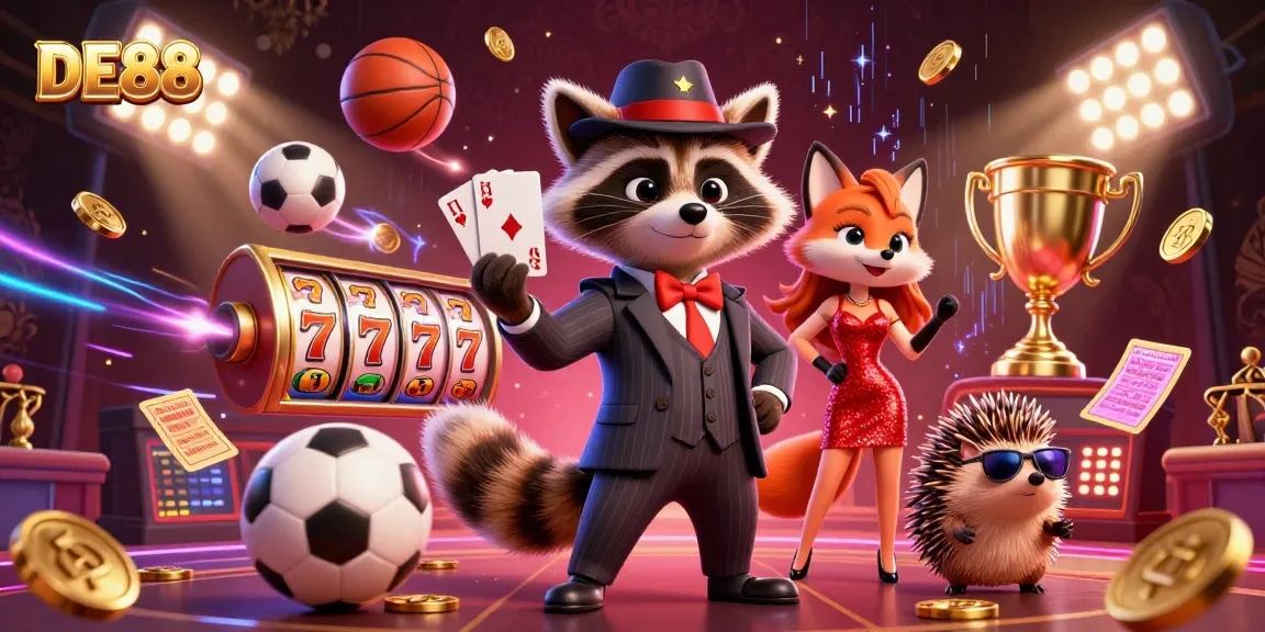 Win big with DE88 in this vibrant casino scene featuring animated characters and gaming elements.