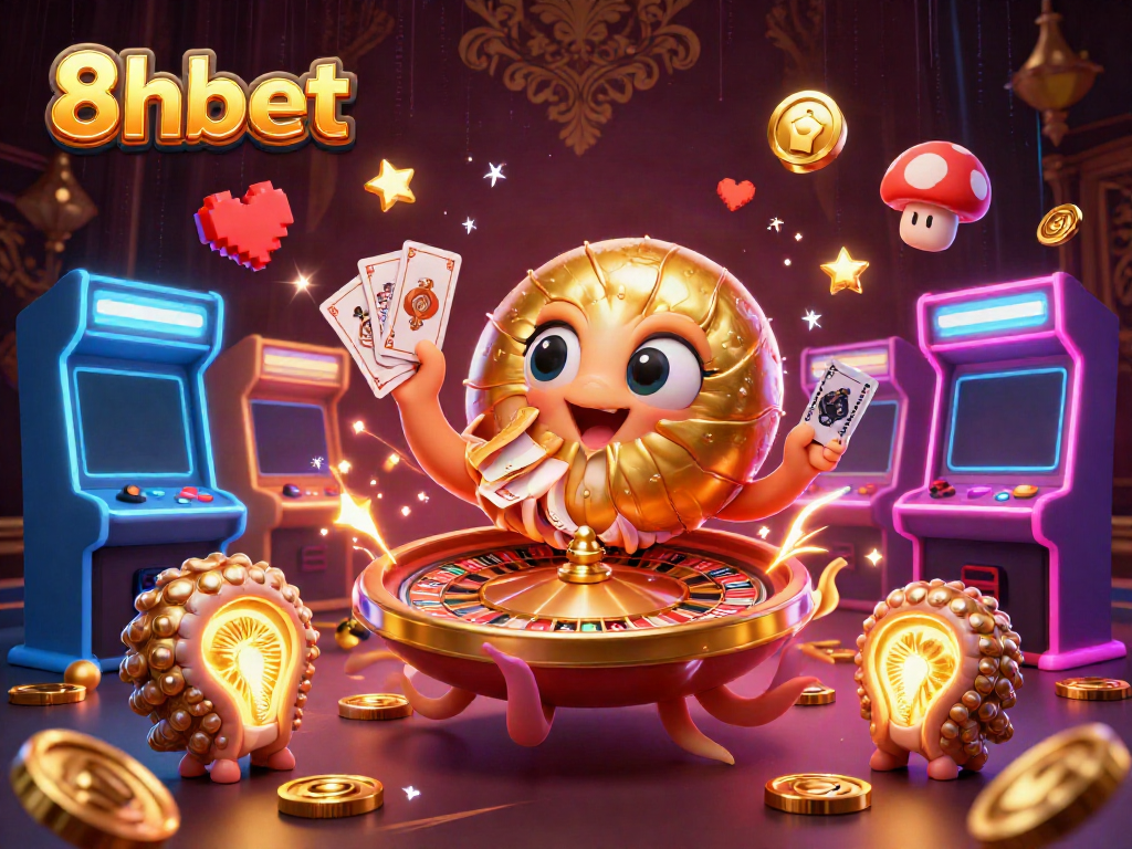 Experience the thrill of 8xbet with a dynamic 3D casino scene featuring ancient characters and arcade elements.