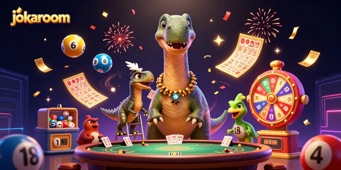 Spin to win big at jokaroom while a brontosaurus and raptor deal cards, surrounded by colorful casino elements.