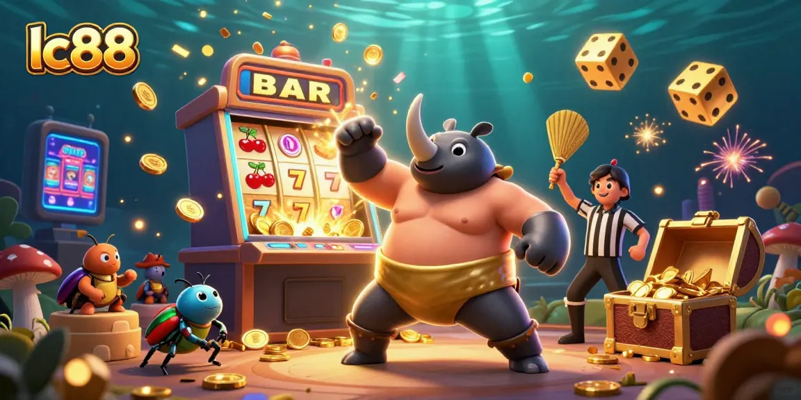 Experience the excitement of lc88 with a jubilant beetle champion celebrating a jackpot in this vibrant 3D casino scene.
