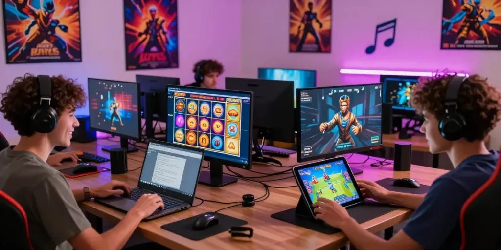 Engaging online gaming experience with players exploring rokok88 games on various devices in a vibrant atmosphere.