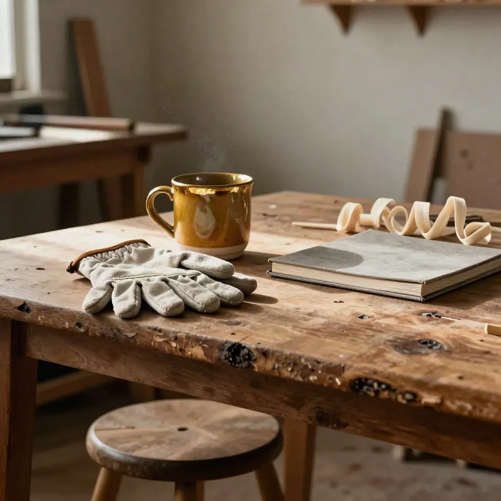 Workshoptabell med träpall, keramikmugg, vikta arbetshandskar och skissbok i varmt fönsterljus.