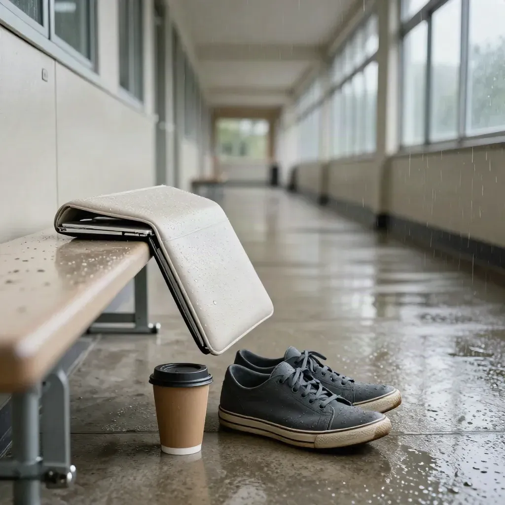 Regnblöt universitetskorridor med laptopfodral, sneakers och kaffekopp vid en krok.