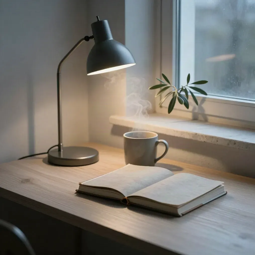Skrivbord vid fönster med två slutna anteckningsböcker, lampa, växt och mugg i morgonljus.