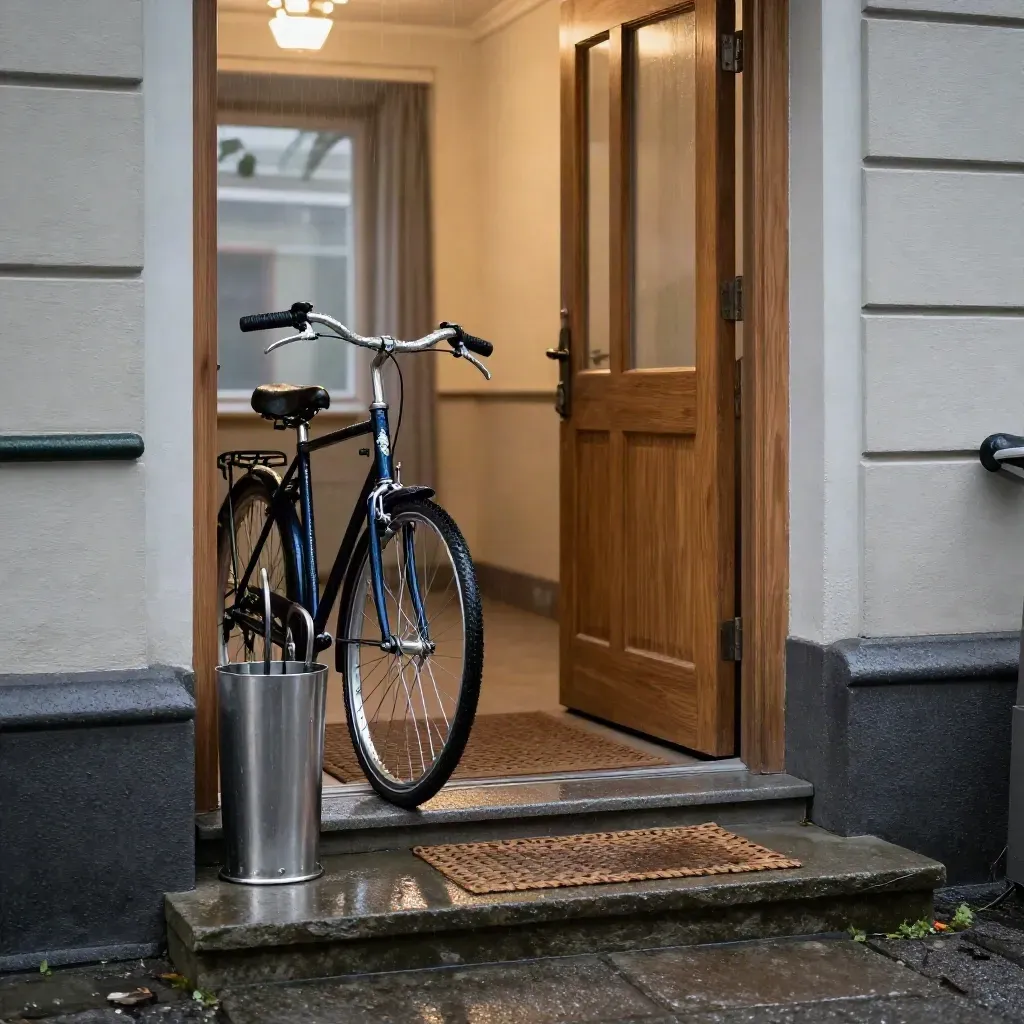 Regnblank skolentré med cykel och varm ljusglöd i morgonöppningen.