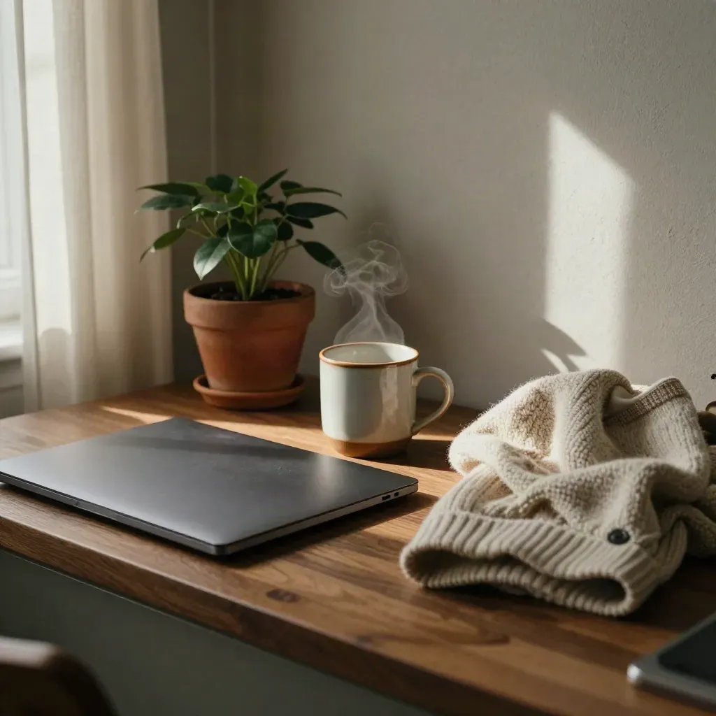 Stilleben på köksbord med laptop, mugg, växt och hopvikt tröja i morgonljus.