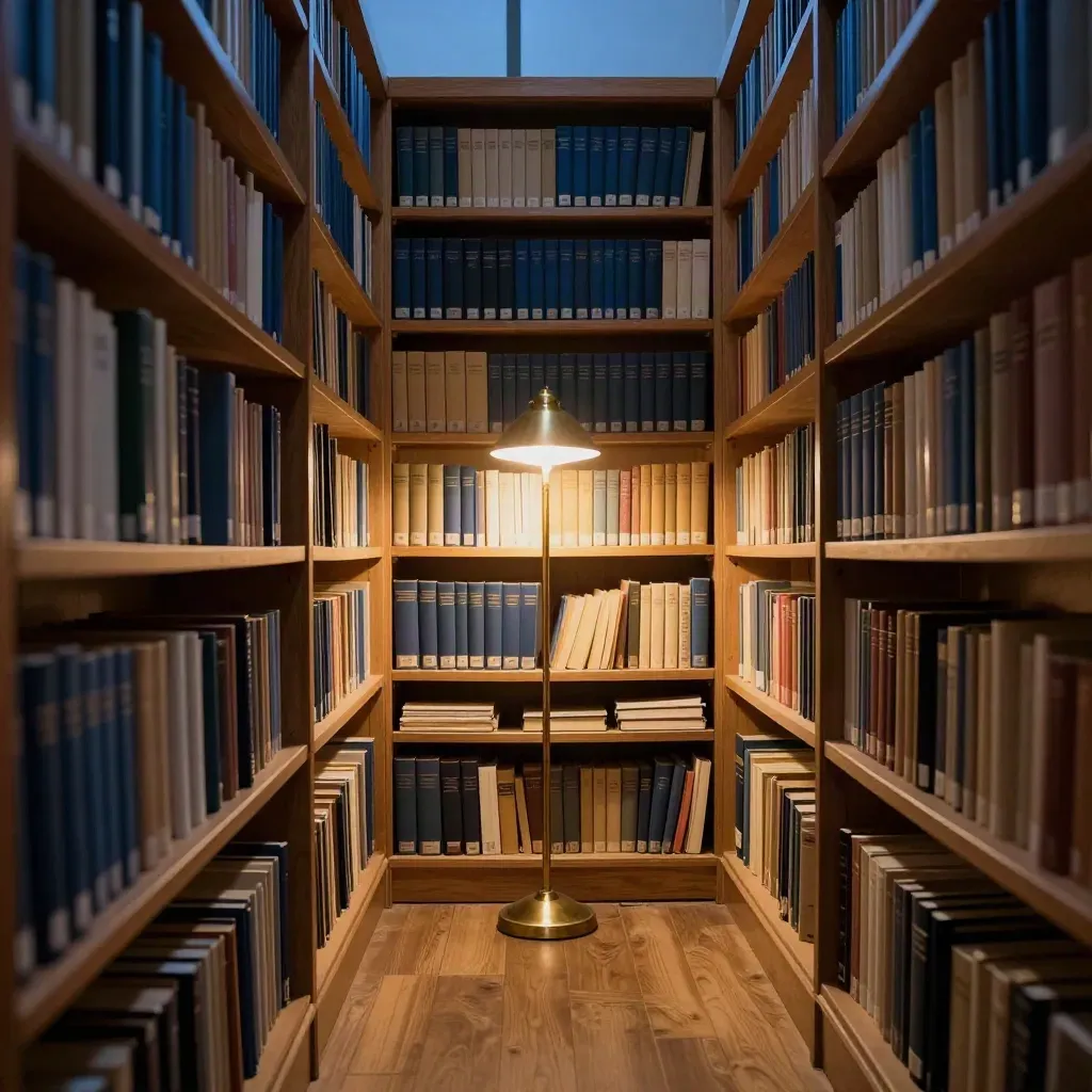Biblioteksgång med höga hyllor och varm läslampa i blå timmen.