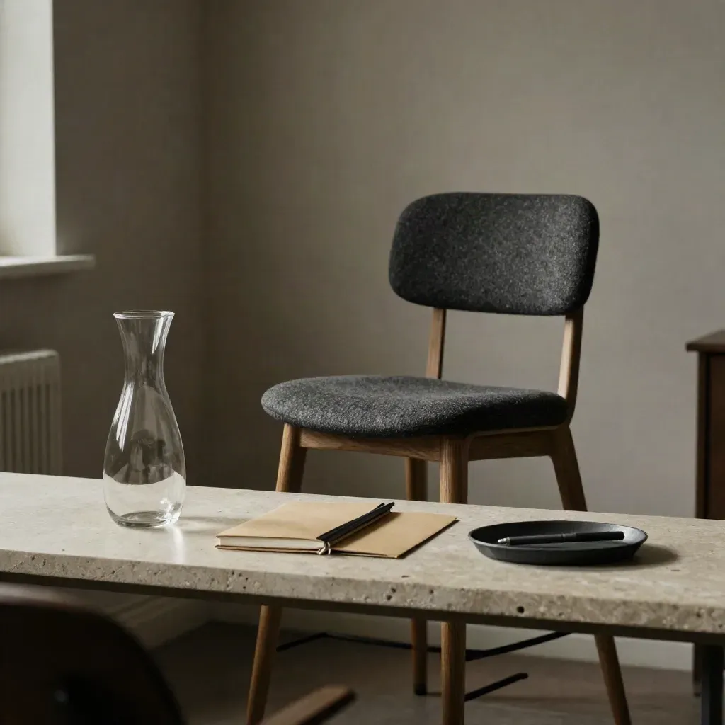 En rund mötesstol med karaff, anteckningsbok och pennhållare på ljus kalkstenshylla.