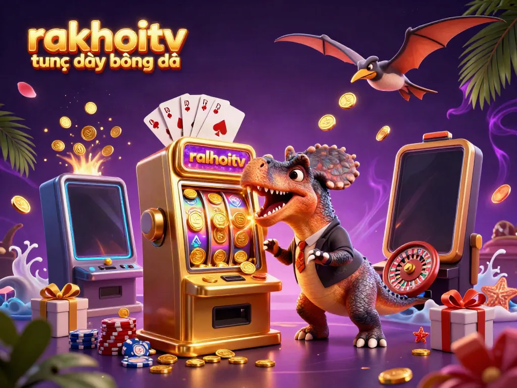Experience the thrill of rakhoitv trực tiếp bóng đá with a lively 3D scene of a dinosaur interacting with a golden slot machine.