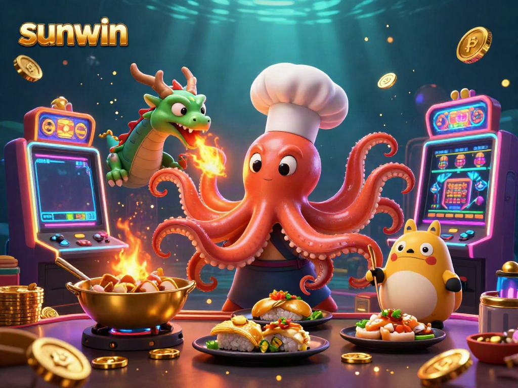 Experience the thrill of sunwin with vibrant slot machines and animated characters in a lively casino setting.