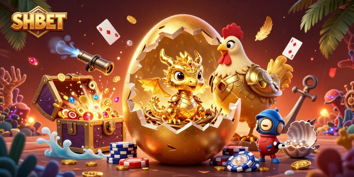 Play and win at SHBET with vibrant, golden casino treasures and characters in a rich, dynamic scene.