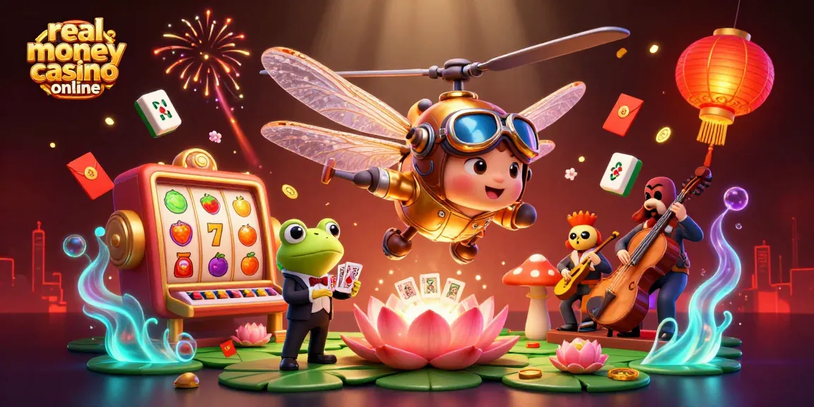 Experience the excitement of a real money casino online with a vibrant 3D scene featuring playful characters and game elements.